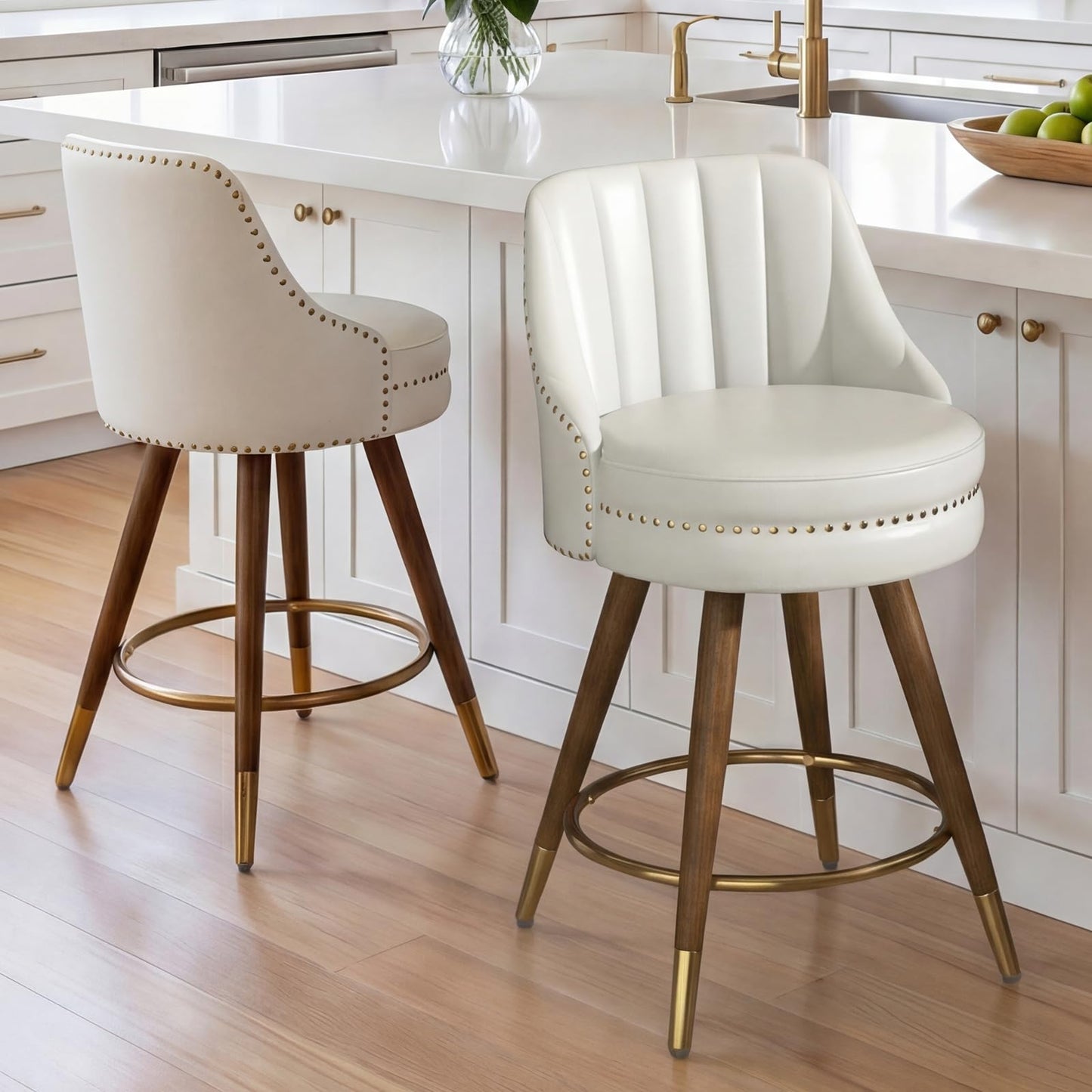 Sucrever Counter Height Bar Stools Set of 4, 24" Leather White Bar Stools with Backs, Swivel Counter Stools with Wooden Legs for Kitchen, Dining Room, Bar, Cream White