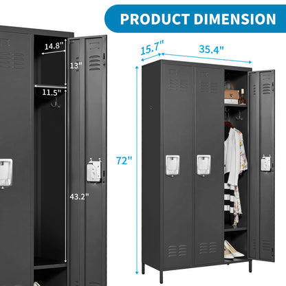 BIZOEIRON 3 Doors Locker Storage Cabinet, Metal Locker for Employees, 72" Tall Lockers for Office School Gym Home, Require Assembly (Black)