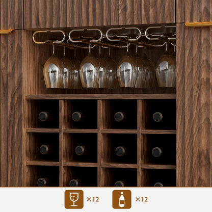 60" Wide Fluted Wine Bar Cabinet with 2 Side Cabinets, 3 Drawers, 4 Glass Holders & 12 Wine Racks, Modern Buffet Sideboard with Storage, 2 Door & 3 Drawer Buffet Sideboard for Kitchen, Dining Room