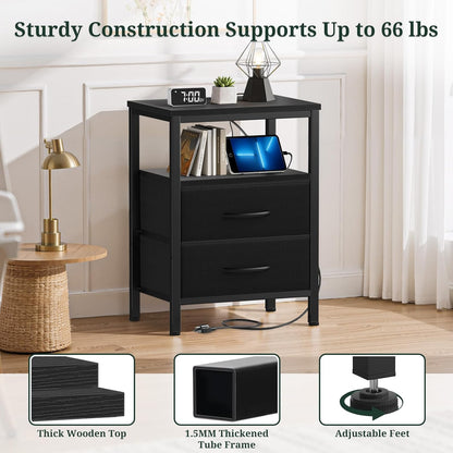 2 Nightstand with Charging Station, Bedside Table with USB Ports & Outlets, Small Dresser End Table with Fabric Drawer