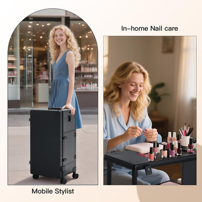 Portable Nail Desk for Nail Tech, Foldable Manicure Table with 3 Drawers & Mirror, Rolling Nail Table with Lockable Train Case, Nail Polish Organizer, Mobile Nail Tech Workstation with Wheels, Black