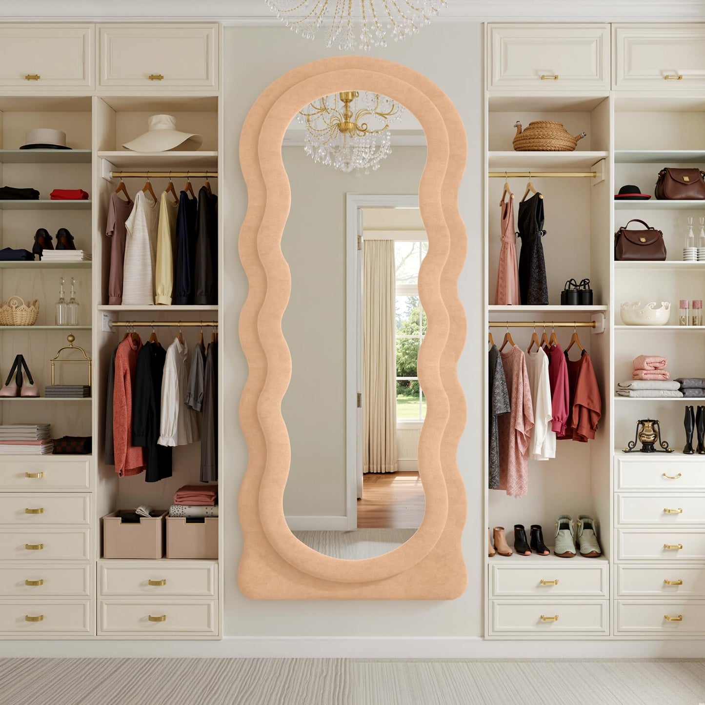 Anpark Full Length Mirror 71"x30" Irregular Wavy Full Body Wall Mounted Floor Mirror with Stand Milk Tea Flannel Frame Leaning Hanging Wall for Bedroom Entrance Hallway