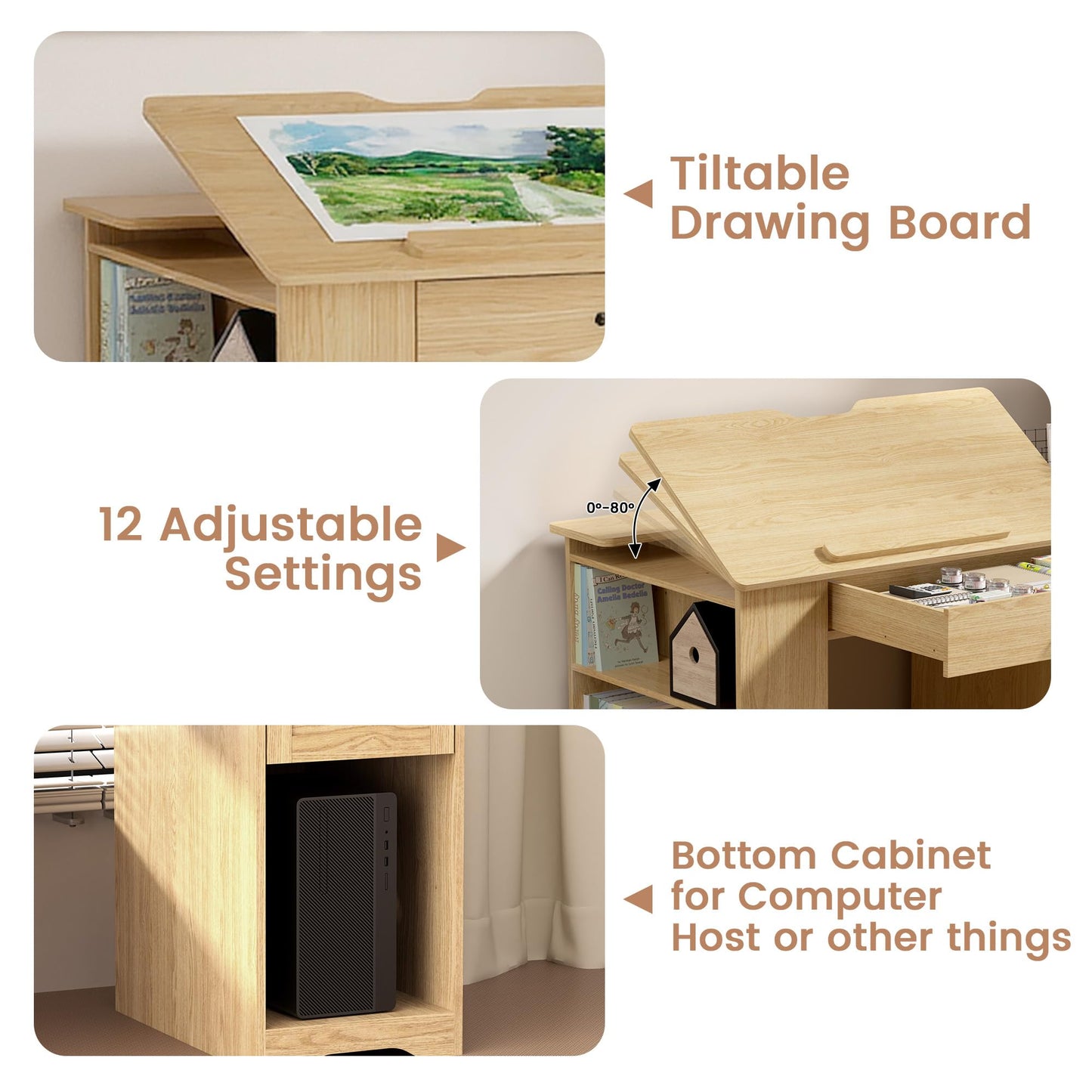 GatherHome Drafting Table with Storage Cabinet & Drawers, Adjustable Drawing Table with Open Shelves, Craft Art Desk for Artists, Painters, Drawing, Crafting, Reading, Writing, Working