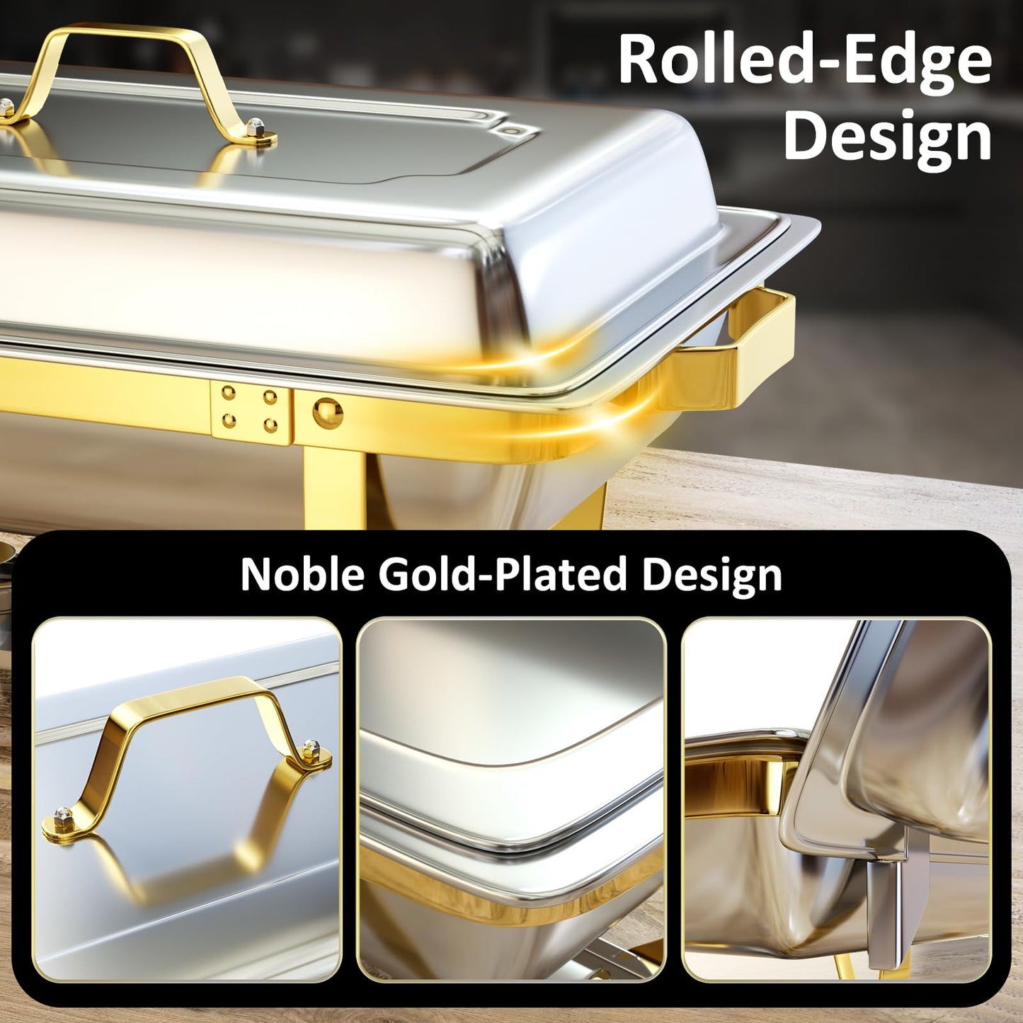 Chafing Dishes for Buffet 6 Pack, 9QT [Elegant Gold and Silver Colors] Stainless Steel Chafing Dish Buffet Set [Sturdy and High Grade] Chafers and Buffet Warmers Sets for Any Party with Complete Set