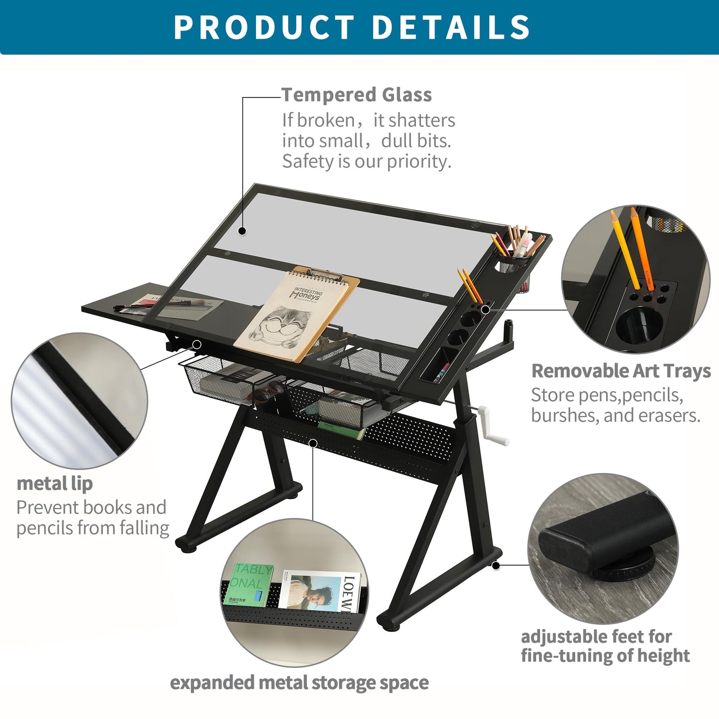 GOLGAILY Rated 72" Adjustable Drafting Table with Tempered Glass Top Black Metal Frame 40.15" L x 23.62" W
