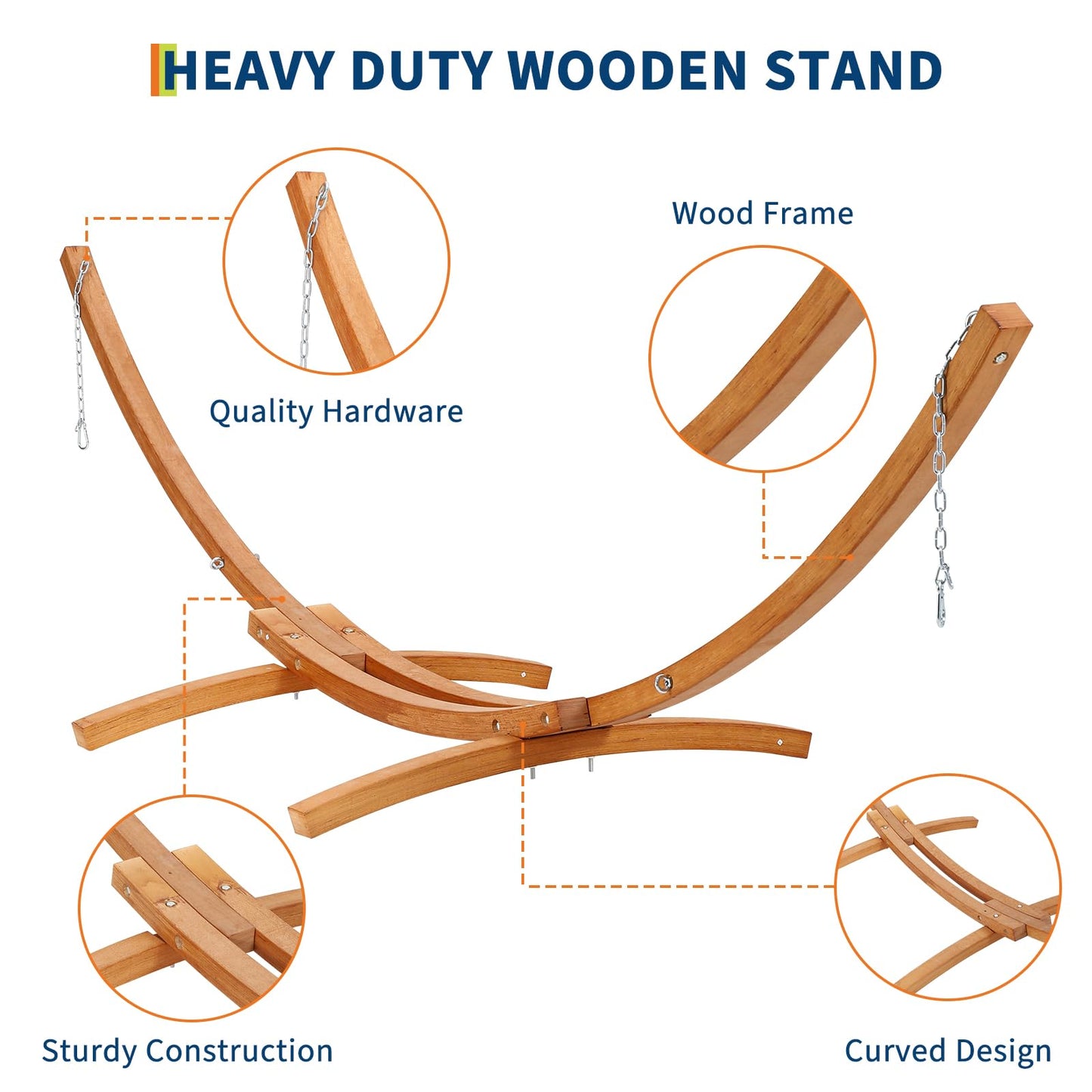 KOKEBREN Wood Hammock Stand Only, Universal Wood Hammock Stand with Chains and Carabiners, Curved Wood Hammock Stand for Outside Patio Backyard Indoor, Max 475 Lbs