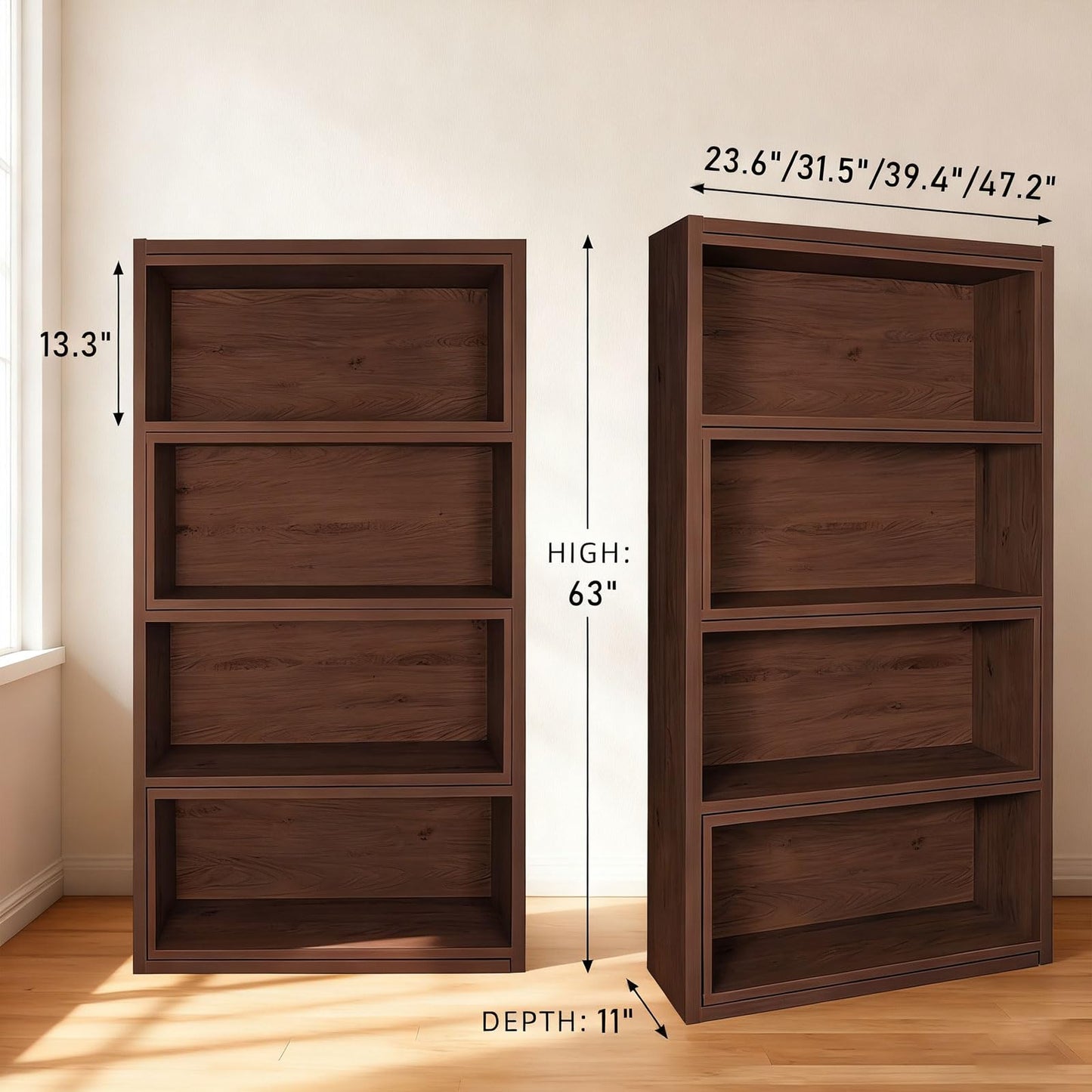 SimpArt Expandable 3-in-1 Bookcase with Adjustable Width, 4-Tier Wooden Storage Shelf, Convertible Straight or L-Shaped Corner Bookshelf for Living Room Bedroom Office
