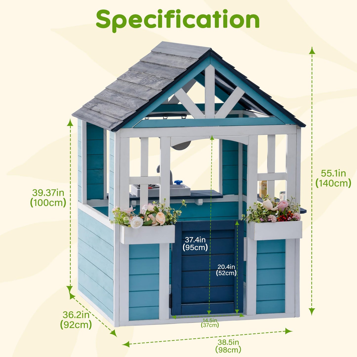 ROBUD Wooden Playhouse, Outdoor Kids Playhouse with Sink, Stove, Cookware, Flowerpot Holders, Snack Bar, Cottage Play House for Backyard, Blue
