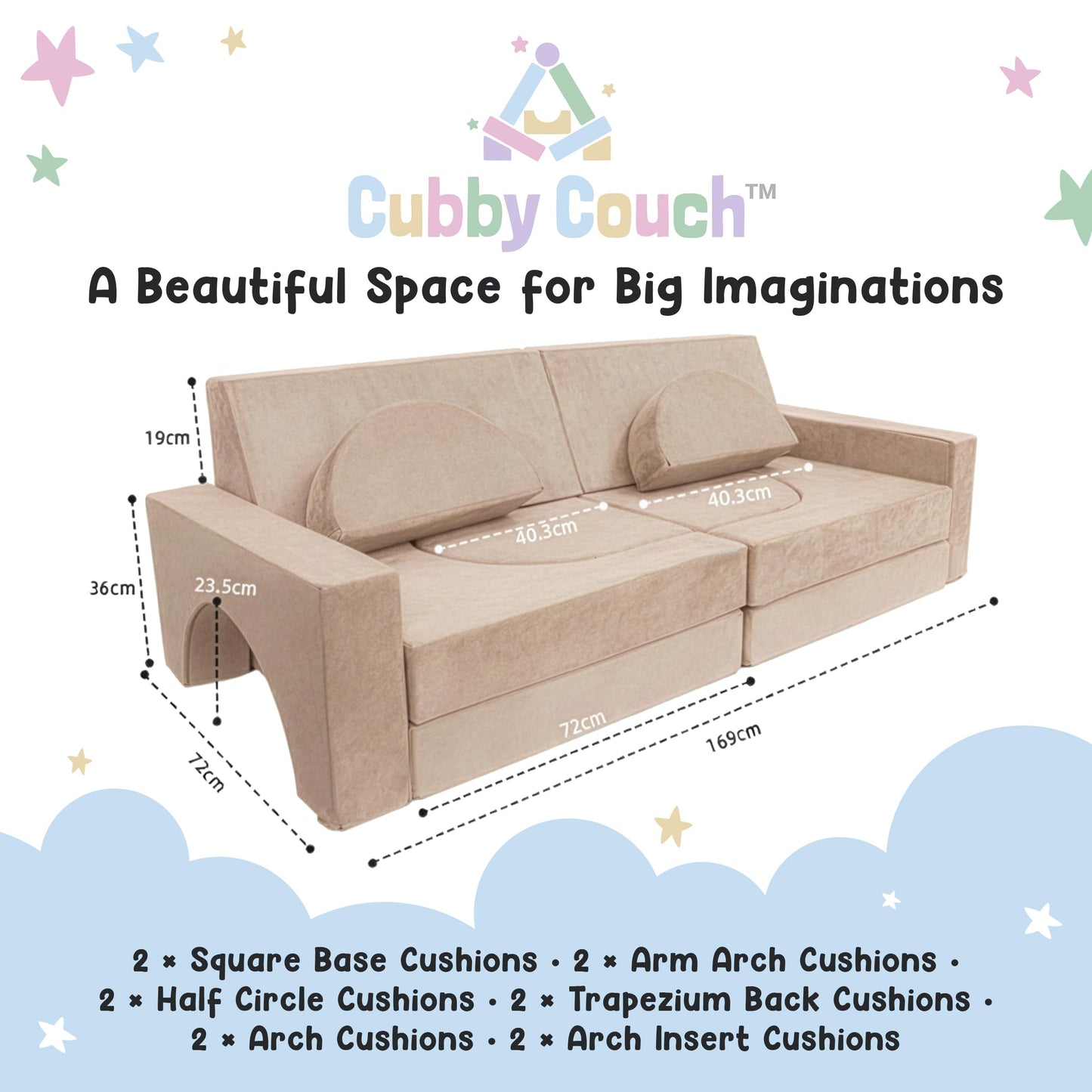 Cubby Couch 12-Piece Modular Kids Play Couch - Soft & Durable Toddler Couch with CertiPUR US Foam, Washable Covers - Playroom Furniture, Kids Sofa for Lounge, Living Room & Playroom - Cream