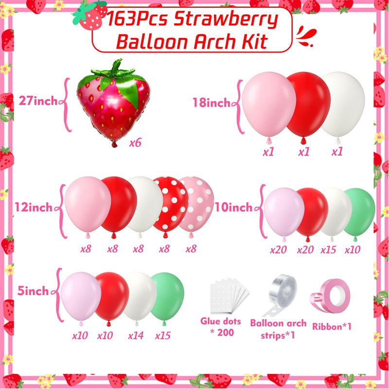 PTGOLUO Strawberry Balloons Garland Arch Kit 163pcs, Red and Pink Green Balloons for Sweet Girl Berry First Birthday Themed Baby Shower Valentine's Day Strawberry Party Decorations