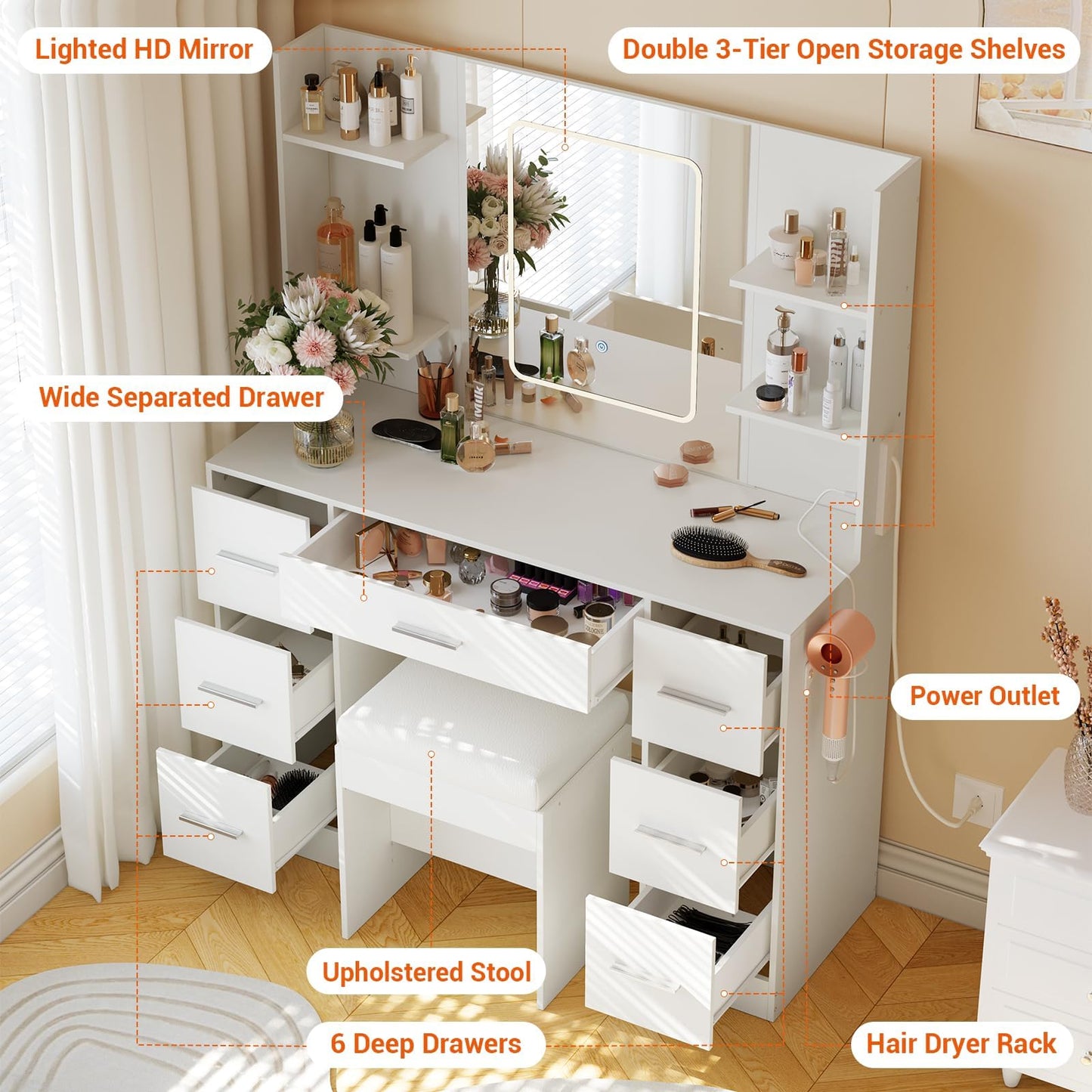 GarveeHome 43" Large Vanity Desk with 3 Colors LED Light and Mirror - Vanity Desk Set with Power Outlet and Hairdryer Rack - Makeup Vanity Table with 7 Drawers and Shelves for Bedroom