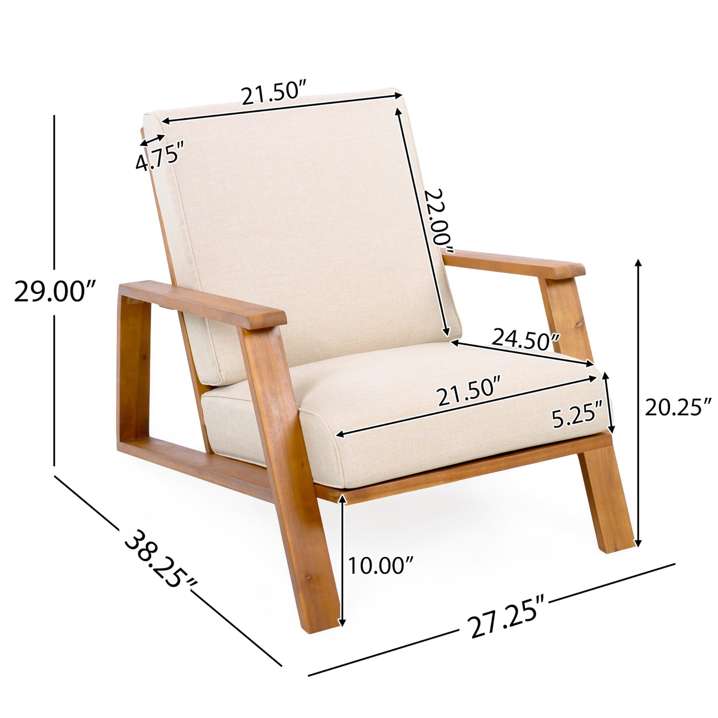 Christopher Knight Home Smeb Lounge Chair Outdoor with Cushions, Acacia Wood Adirondack Chair, Slatted Design Side Chair, Extra Seating for Balcony Backyard Poolside Garden, Teak + Beige