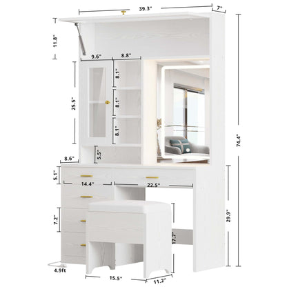 IRONCK Vanity Desk with Lighted Mirror and 5 Drawers and Cabinet Shelves, 74.4" Height Makeup Table Set with Stool, Large Storage and Space Saving, White