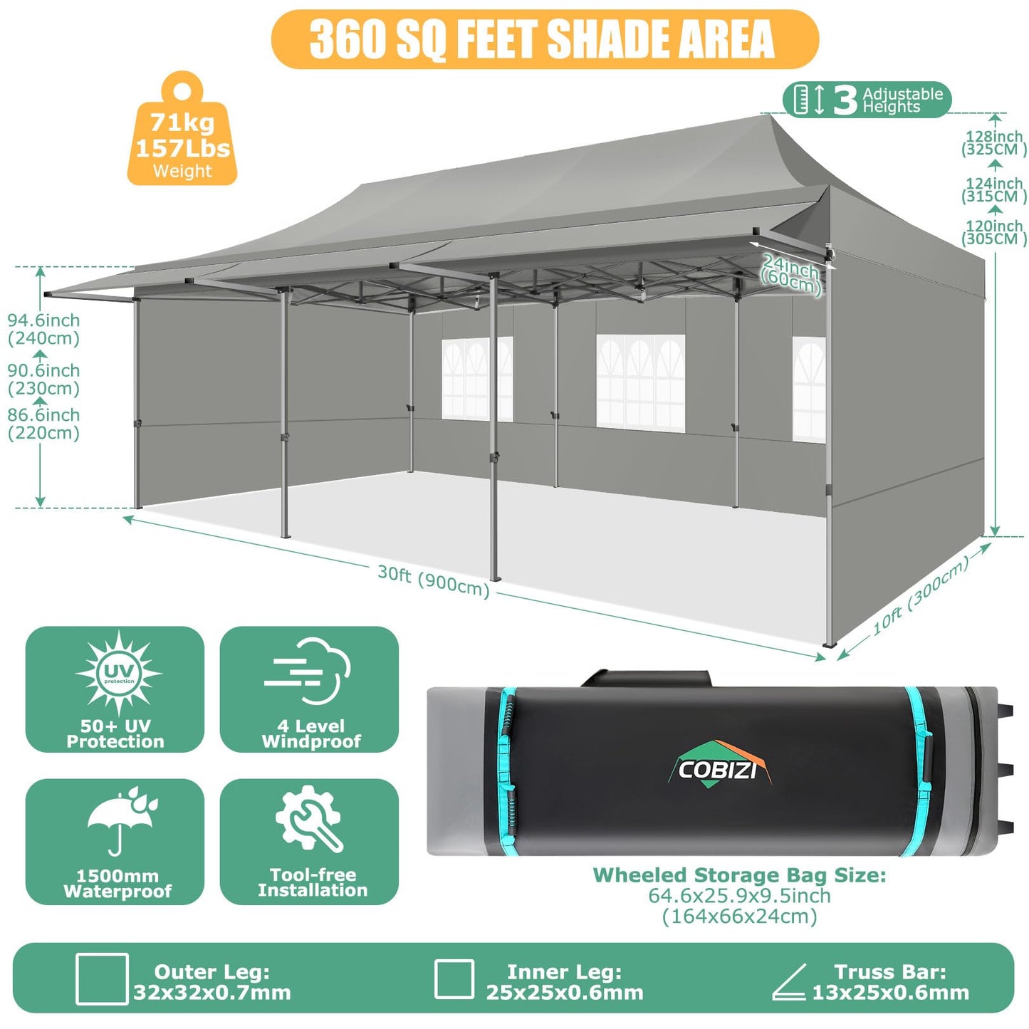 COBIZI 10x30 Pop Up Canopy Tent with Awning,Heavy Duty Canopy UPF 50+ All Season Wind Waterproof Commercial Outdoor Street Vendors Party Tents for Parties Canopy with Roller Bag(10 x 30 ft Gray)