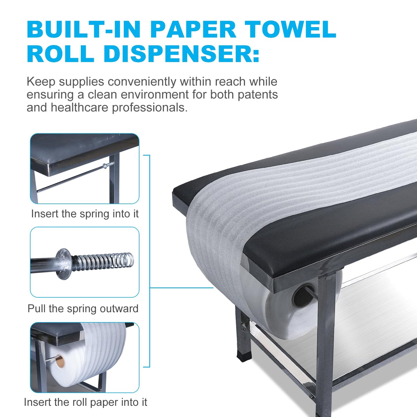 GuangzhuBS Advanced Examination Bed with Lower Storage Compartment and Paper roll Dispenser - Inspection Table/Adjustable backrest/Stirrups/Black/Stainless Steel,Maximum Weight Capacity: 480 lbs.