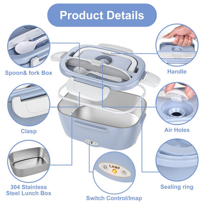 Electric Lunch Box Food Heater, 3 in 1 Ultra Quick Heated Lunch Boxes for Adults, 12V/24V/110V Portable Food Warmer for Car/Truck/Office With Fork Spoon and Insulated Carry Bag