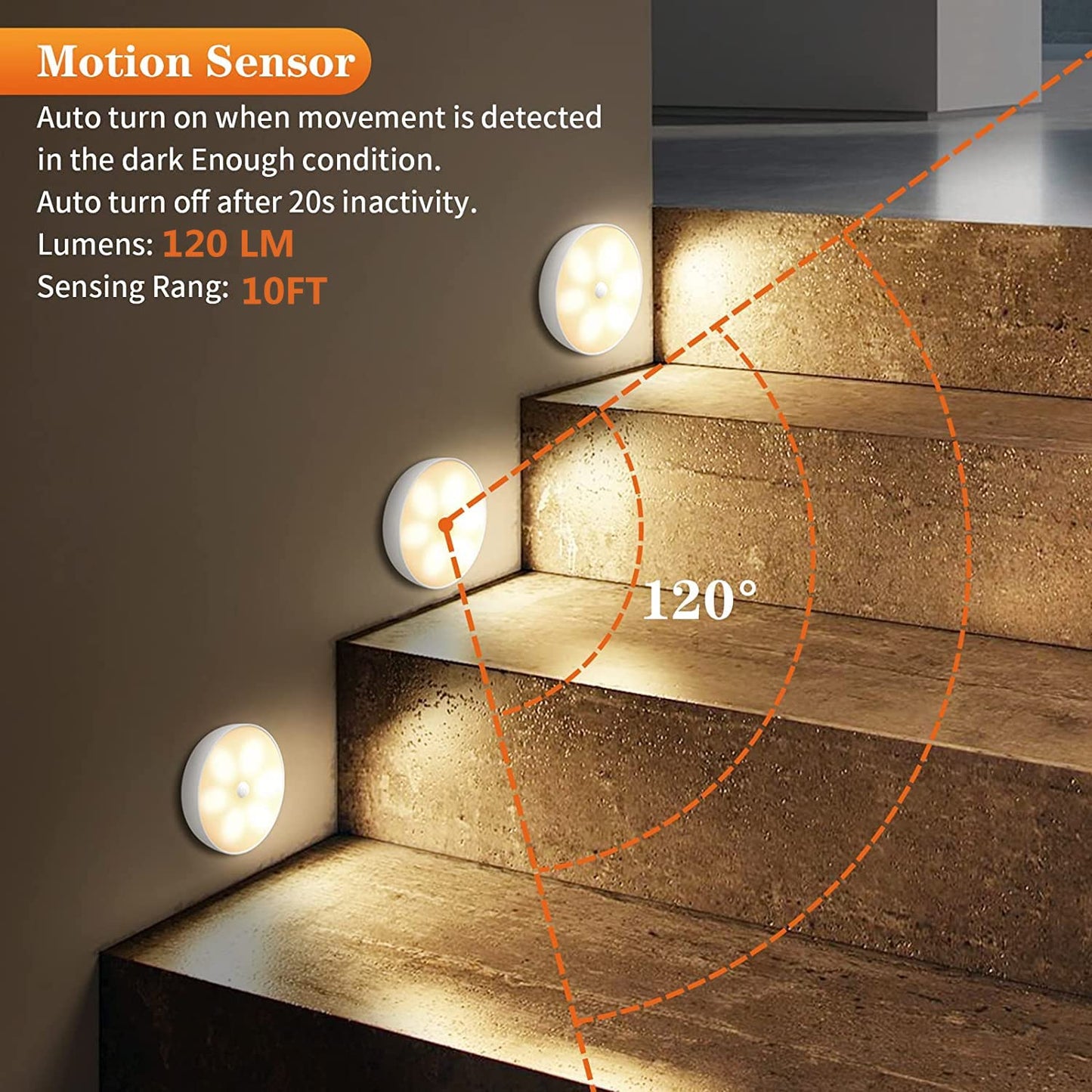 Warm Color LED Closet Lights Wireless Motion Sensor Step Light, USB Rechargeable Battery Operated Puck Lights with Remote, Dimmable Under Cabinet Counter Lighting for Wardrobe Kitchen (3 Pack)