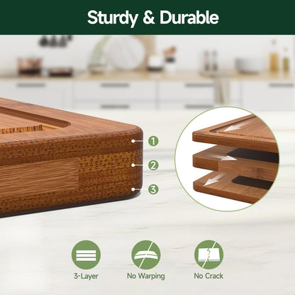 Zeawec 3-Piece Set Bamboo Cutting Board for Kitchen - Crack-Resistant Wood Chopping Boards with Deep Juice Grooves, Pre-Oiled Butcher Block for Meat, Vegetables & Cheese, Carbonized