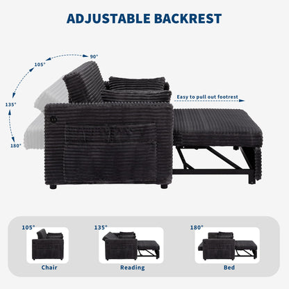 Garvee Futon Sofa Bed, 55'' Loveseat Corduroy Convertible Sleeper Sofa with Pull Out Couch and Adjustable Backrest, 2 Charging Stations, Side Pockets for Living Room, Apartment, Office, Dark Grey