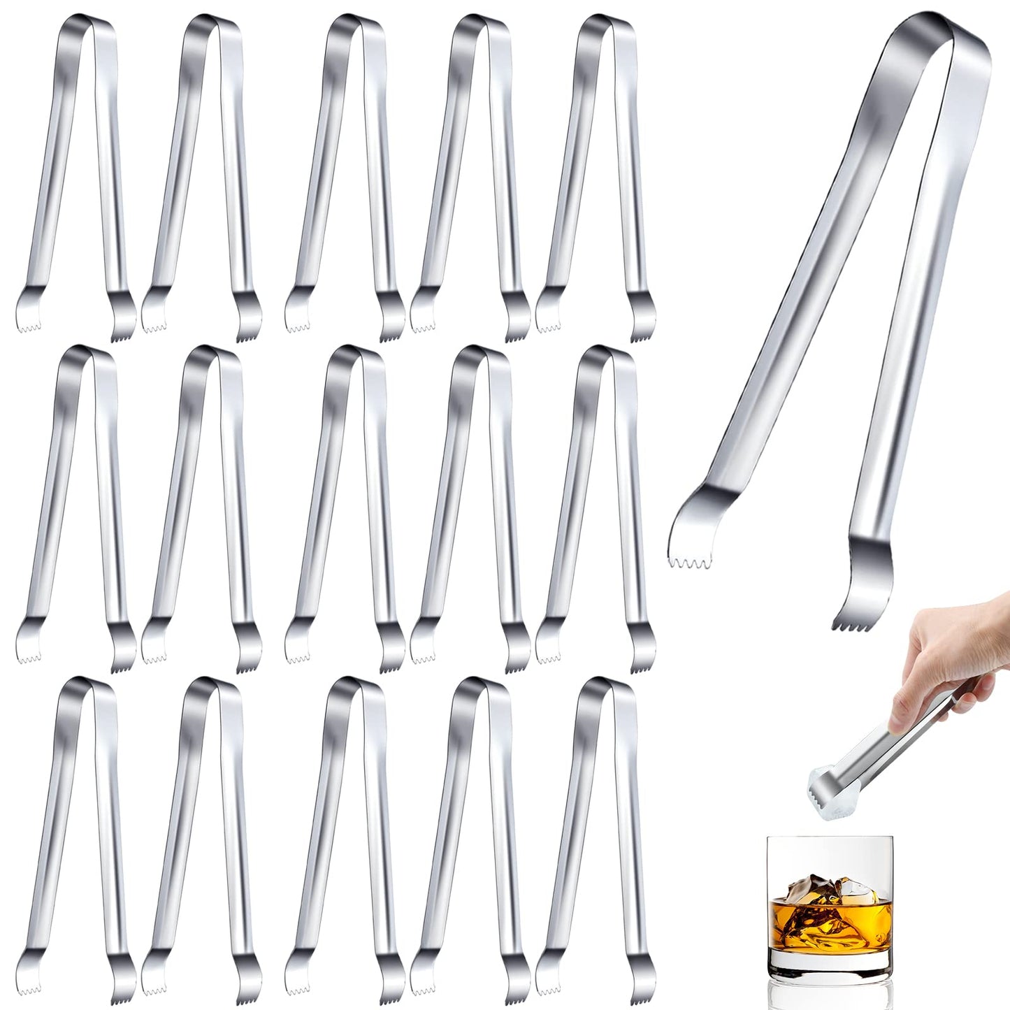 Worldity 16 Pieces Ice Tongs, 6.5 Inch Ice Tongs for Ice Bucket, Stainless Steel Serving Tongs with Sharp Teeth Make Grabbing Ice Easy, Small Tongs for Serving Food