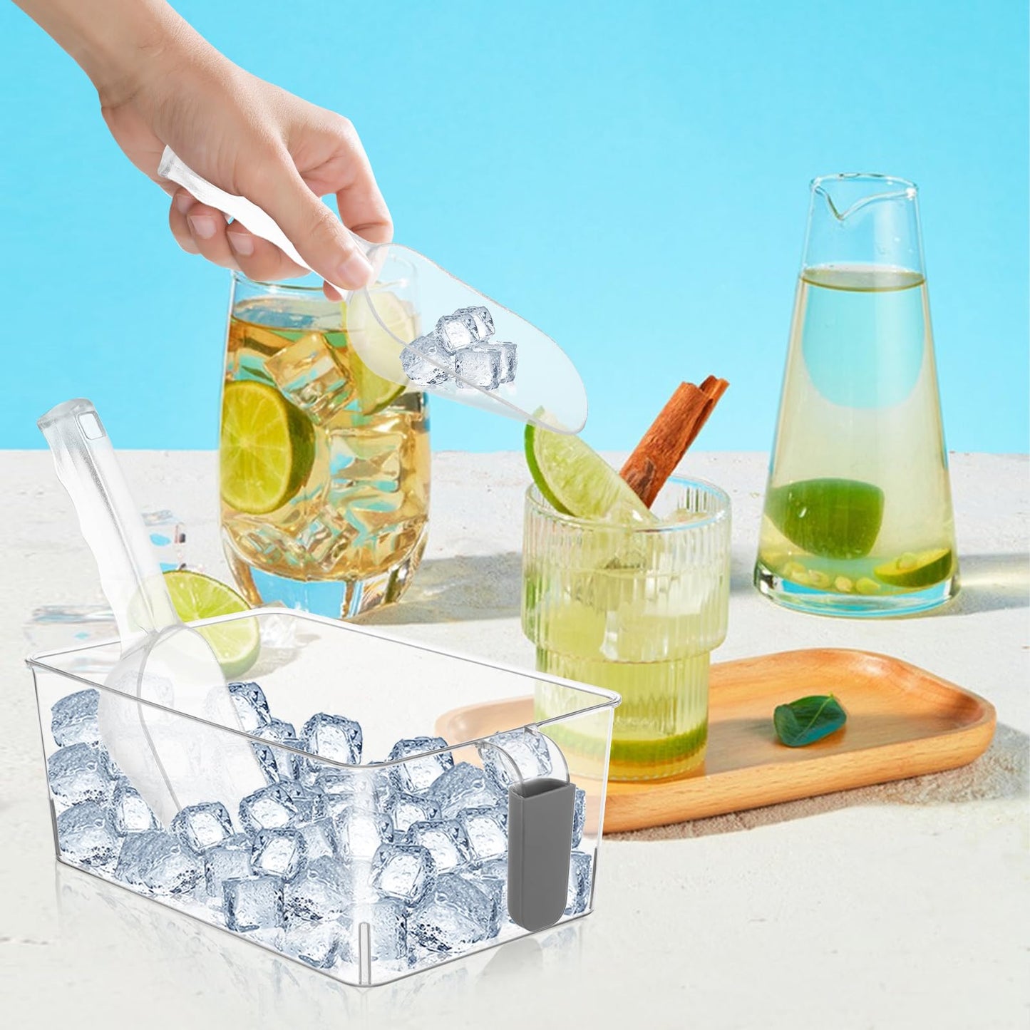2 Set Ice Storage Bins for Freezer with Lid and Flexible Scoop, Transparent Plastic Ice Container with Pull-Out Handle Kitchen Food Storage Organizer for Home Office Fridge Kitchen