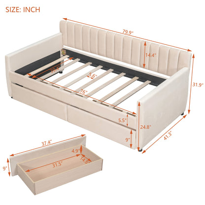 YOPTO Velvet Upholstered Twin Daybed with Two Storage Drawers, Solid Wooden Sofa Bed Frame w/Vertical Stripes Designed Backrest and Pine Legs, Space-Saving Design