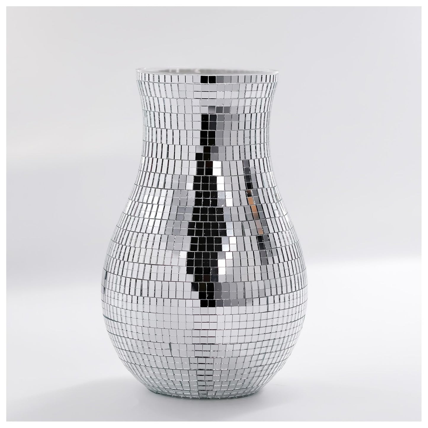8.7" Disco Ball Flower Vase - Silver Mirrored Mosaic Vase for Centerpieces, Retro 70s Party Decor, Unique Funky Reflective Floral Container for Home, Wedding & Living Room Aesthetics