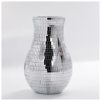 8.7" Disco Ball Flower Vase - Silver Mirrored Mosaic Vase for Centerpieces, Retro 70s Party Decor, Unique Funky Reflective Floral Container for Home, Wedding & Living Room Aesthetics