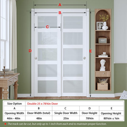 Finosen Bypass Sliding Closet Door Slab, 48 x 80 in (Double 25 inch), 5-Lite Frosted Glass, Barn Door with Hardware Kit Included, Need to Assemble, MDF with PVC Surface, White