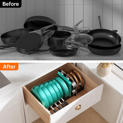 MUDEELA Pots and Pans Organizer Rack for under Cabinet, Expandable 11.81''-22.85'' Pot Lid Kitchen Cabinet Organizer Holder with 10 Adjustable Compartment Cutting Board Organizer for Pan Lid, Bakeware
