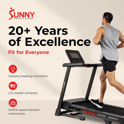 Sunny Health & Fitness Ultra T10 Wi-Fi Smart Treadmill with 10" Touchscreen, 12% Auto Incline, 20" Wide Running Deck with Free SunnyFit App – SF-T724082