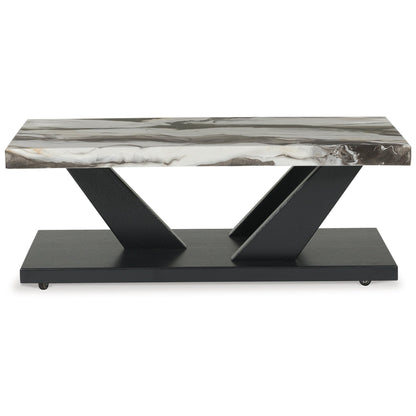 Signature Design by Ashley Cendill Contemporary Faux Marble Table with Casters, Set of 3, White & Black