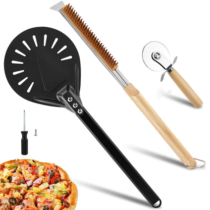 Pizza Oven Accessories Kit w/Pizza Oven Brush & Stone Scraper, 7.8inch Aluminum Perforated Long Handle Nonstick Pizza Turning Peel Cutter Wheel for Outdoor Homemade Baking Pizzas