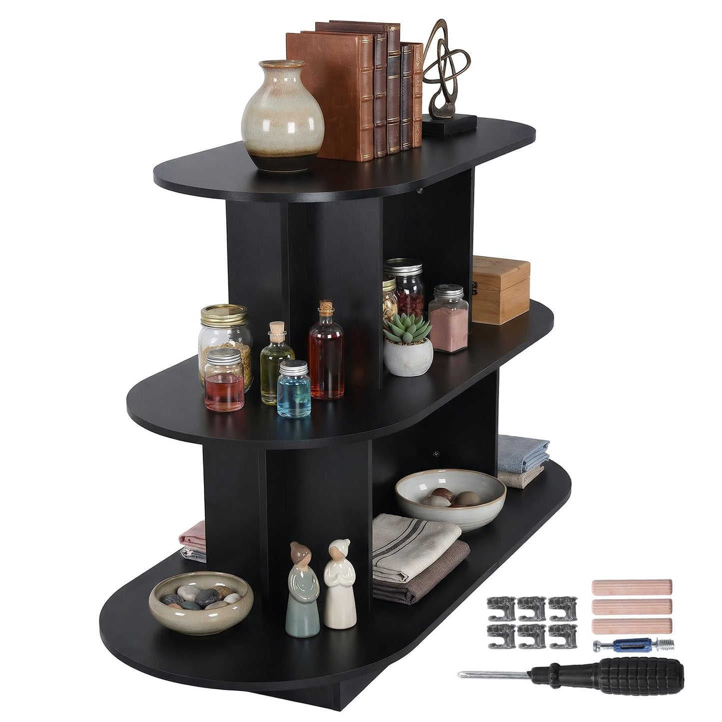 3 Tier Wooden Oval Display Table Modern Standing Display Riser Shelf Retail Table for Stores Vendor Events 55in W x 23.6in D x 35in H
