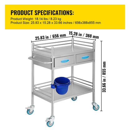 Happybuy 2-Tier Stainless Steel Medical Serving Cart, Utility Rolling Cart with Drawers, Lockable Wheels, Perfect for Laboratories, Hospitals, and Dental Clinics