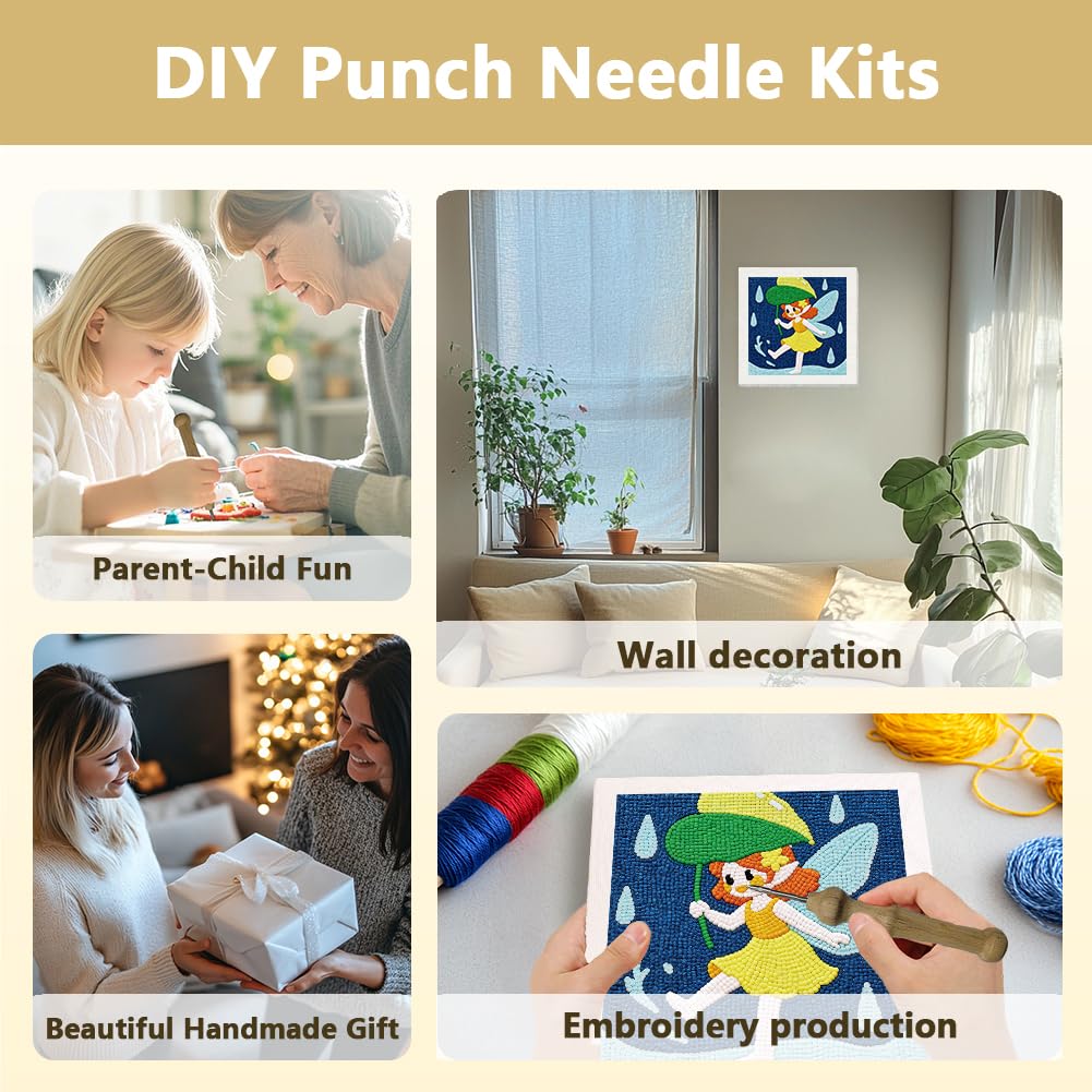 Doodlream Elf in the Summerrain Needle Kit for Beginner, 9.4"x 9.4" Cute Fairy Punch Stitching Craft Set, DIY Embroidery Starter with Printed Frame, Instruction, Threader, Yarn, Pinch Needle