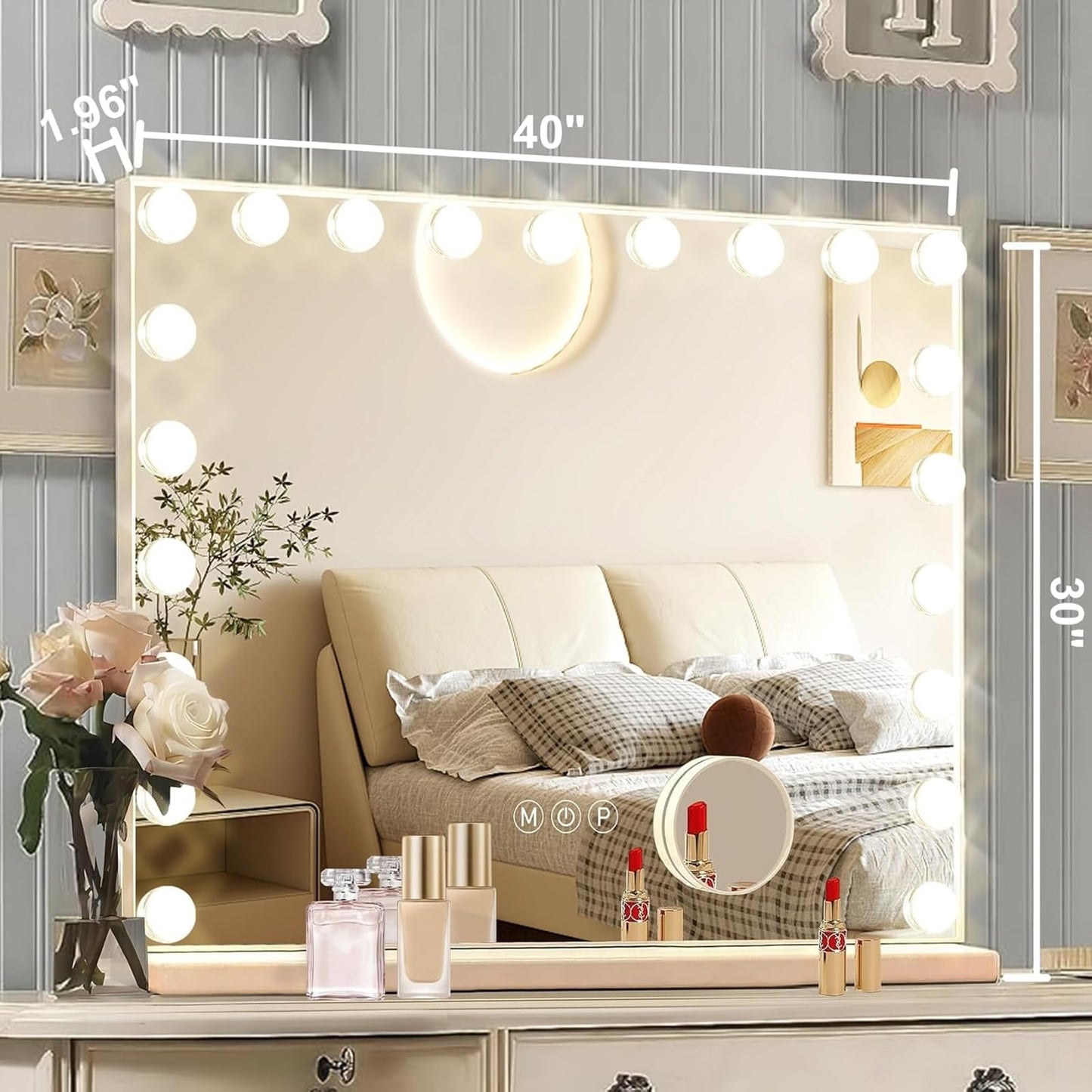 Hollywood Vanity Mirror with Lights, 15 Dimmable Bulbs, 3 Color Lights,Make Up Lighted Mirror, Aluminum Metal Frame, USB Charging Port（23" x 18"）