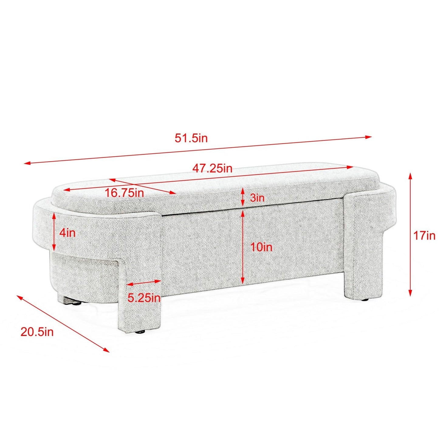 KEIKI 51" Linen Ottoman Bench with Large Storage Space, Upholstered Seating Foot Rest Stool Furniture for Bedroom, Living Room, Entryway, White