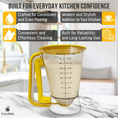 Pancake Batter Dispenser | 5-Cup Mix Pourer for Pancakes, Waffles, Crepes, Muffins, Cupcakes | Squeeze Handle, Portion Control Pitcher, Durable Drip-Free Design | Baking Accessories (Classic Yellow)