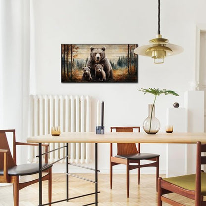 iKNOW FOTO Bear Family Canvas Print - Rustic Forest Wall Art with Black Floater Frame | 20x40'' Ready to Hang