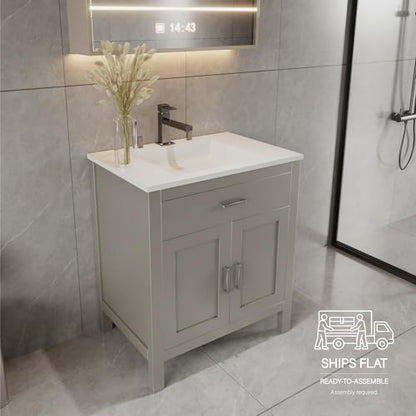 30" Light Grey Bathroom Vanity Base Only – Freestanding Solid Wood Sink Cabinet with Tip-Out Drawer, Shaker Style Storage, No Top or Sink, 30" W x 21" D x 34.5" H