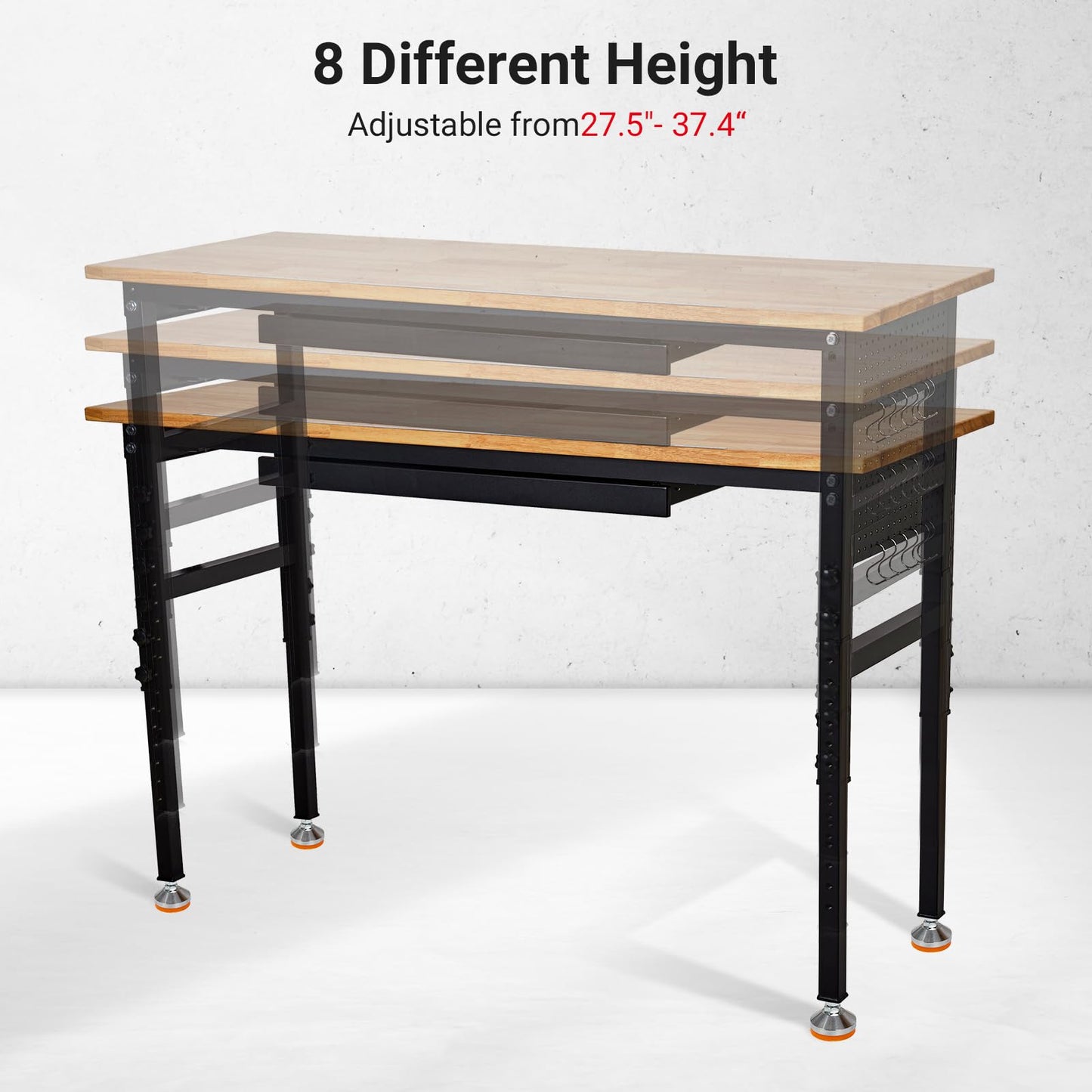 60"X24" Heavy Duty Workbench with Drawer, 29.5"-39.4" Adjustable Height, Rubber Wood Table with Lockable Wheels & Power Outlets for Garage, Workshop, Office - 2200 Lbs Capacity