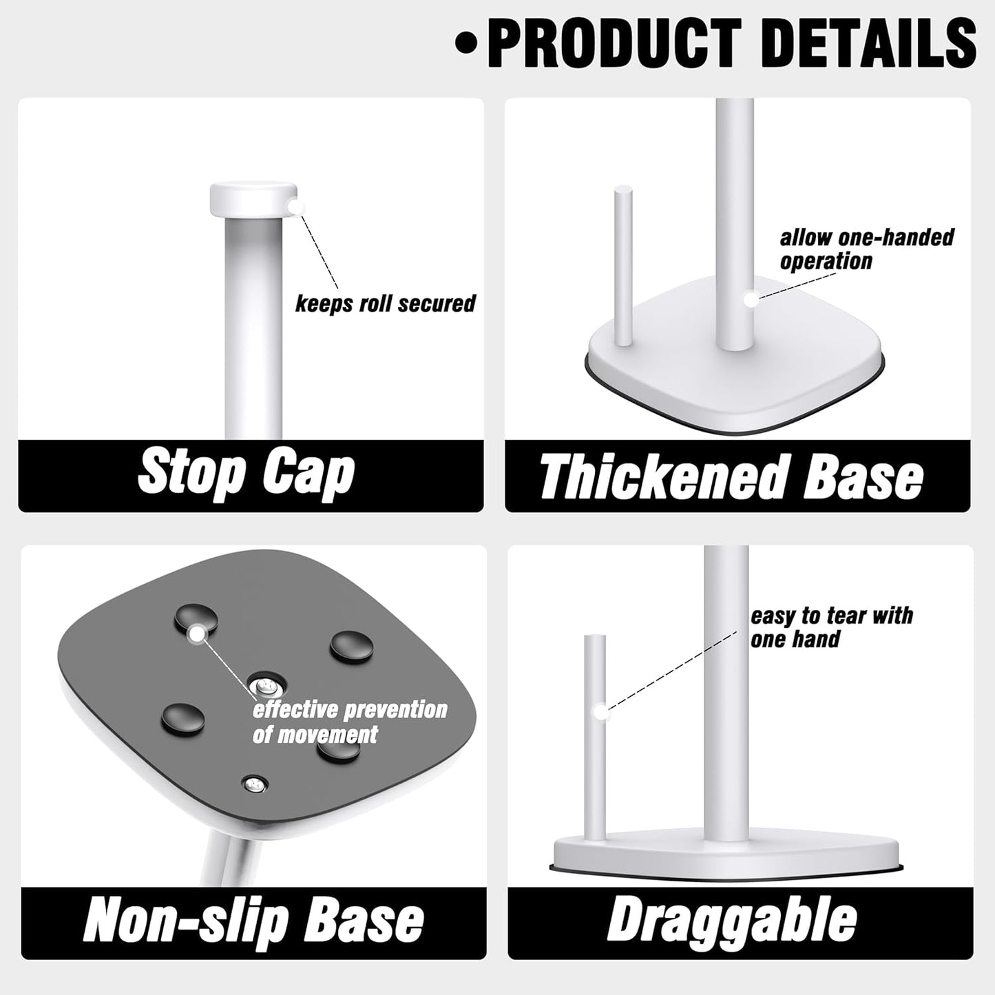 Standing Paper Towel Holder for Countertop, Stainless Steel with Weighted Base and Suction Cups for Kitchen and Bathroom