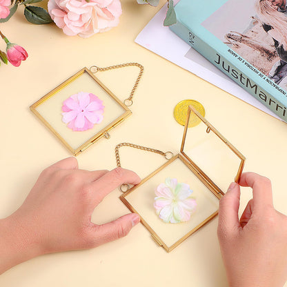 HOFURME 4 Pcs Mini Brass Wall Hanging Photo Frame, Square Glass Hanging Picture Artwork Display Frame, Double Glass Floating Frame Style Gallery Wall Frame for Picture, Pressed Flower (3.5x3.5 inch)