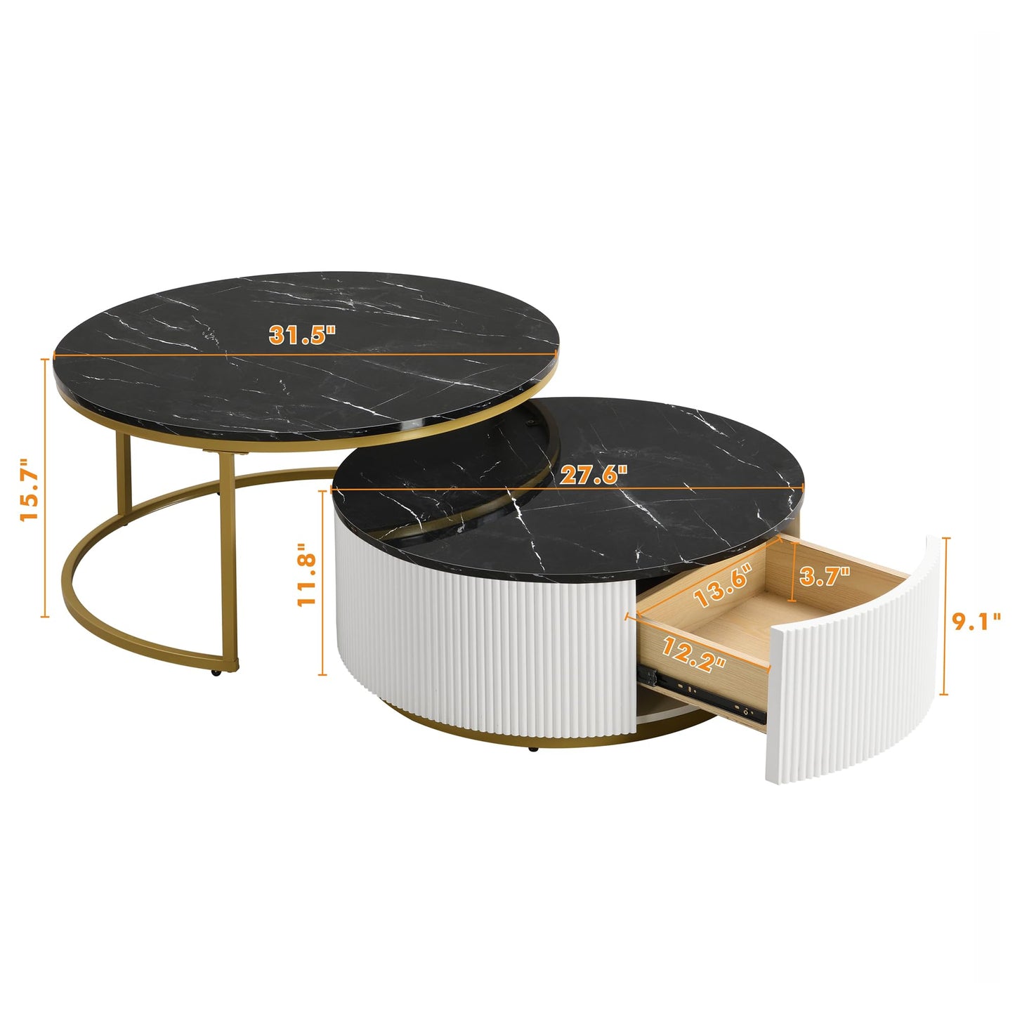 Ball & Cast Round Coffee Table Set of 2,Nesting Desk with Drawers,Smooth Durable Marble Tabletop and Fluted Design,Easy Care & Stain Resistance 31.5" for Bedroom,Living Room,Black & Gold