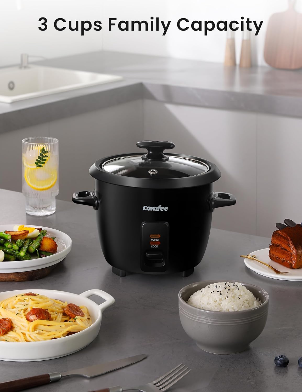 COMFEE' Rice Cooker, 6-Cup Cooked/3-Cup Uncooked, Black, Removable Non-Stick Bowl, One Touch for Soups, Stews, Grains