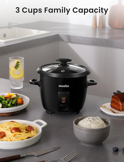 COMFEE' Rice Cooker, 6-Cup Cooked/3-Cup Uncooked, Black, Removable Non-Stick Bowl, One Touch for Soups, Stews, Grains