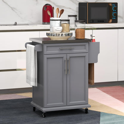 GOWE Kitchen Island on Wheels, Rolling Kitchen Cart with Stainless Steel Countertop, Drawer, Towel Rack and Spice Rack, Utility Storage Trolley, Gray