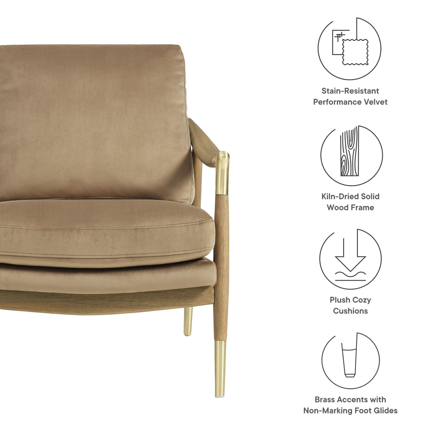 Modway Langford Stain-Resistant Performance Velvet Armchair – Mid Century Modern Velvet Chair with Wood Frame – Upholstered Accent Chair for Living Room or Bedroom