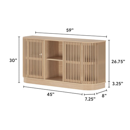 Plank+Beam Contour Wood TV Stand, Two Door Solid Wood Entertainment Console with Storage, 59" L x 16" W x 30" H, Blonde